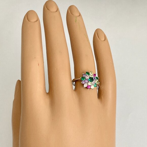 Fruit Salad Cubic Zirconia Halo Ring Rhodium Plated Size 7 8 9 Cocktail Green - Picture 6 of 13